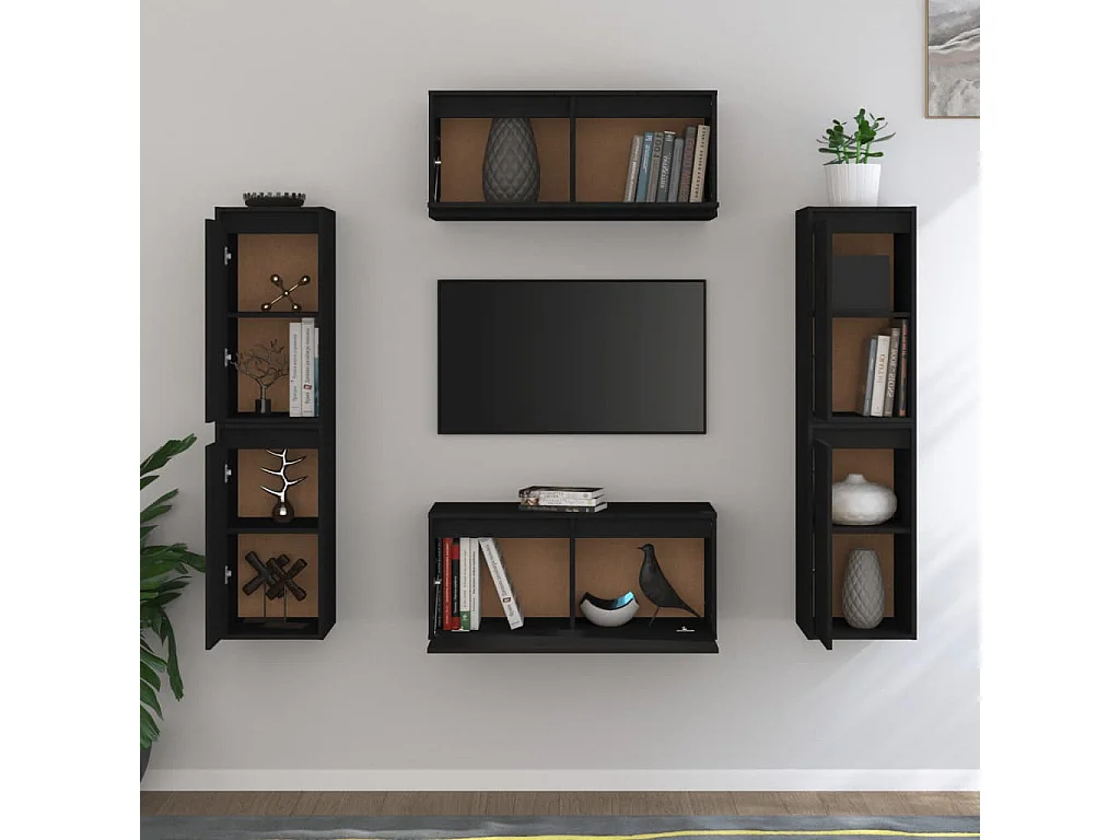 6 pcs Meubles TV Noir Bois massif de pin BE95171