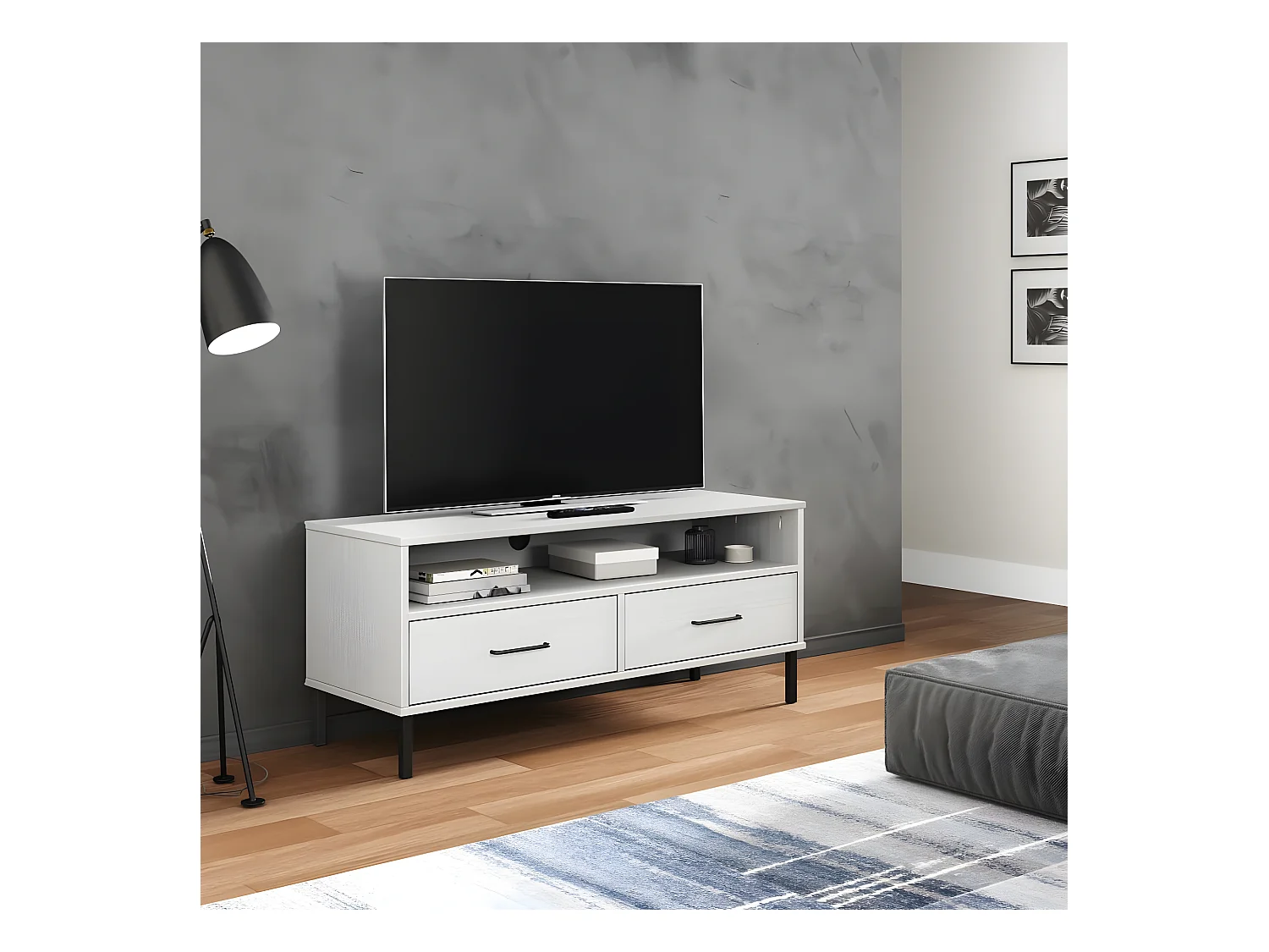 Meuble TV avec pieds en métal Blanc Bois de pin massif BE12206