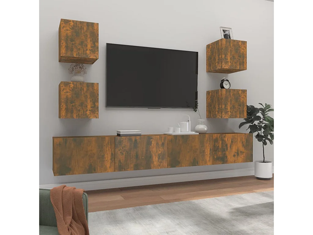 Conjunto móveis de TV 6 pcs madeira processada carvalho fumado PT429347