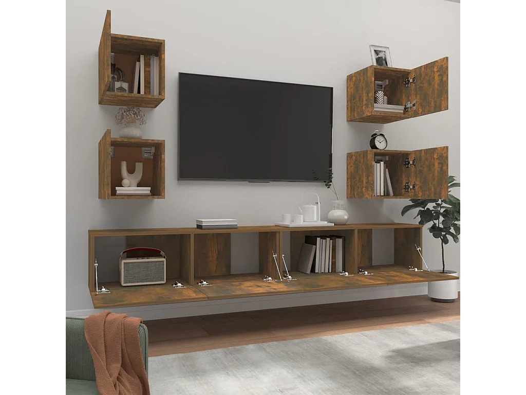 Conjunto móveis de TV 6 pcs madeira processada carvalho fumado PT429347