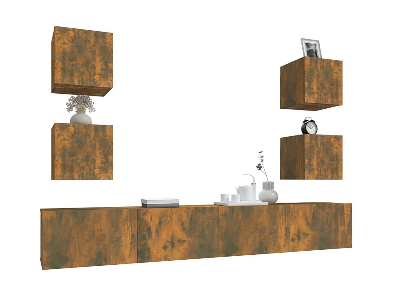 Conjunto móveis de TV 6 pcs madeira processada carvalho fumado PT429347