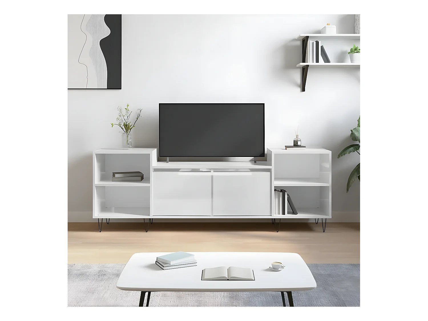 Meuble TV Moderne Blanc brillant 160x35x55 cm Bois d'ingénierie BE3533