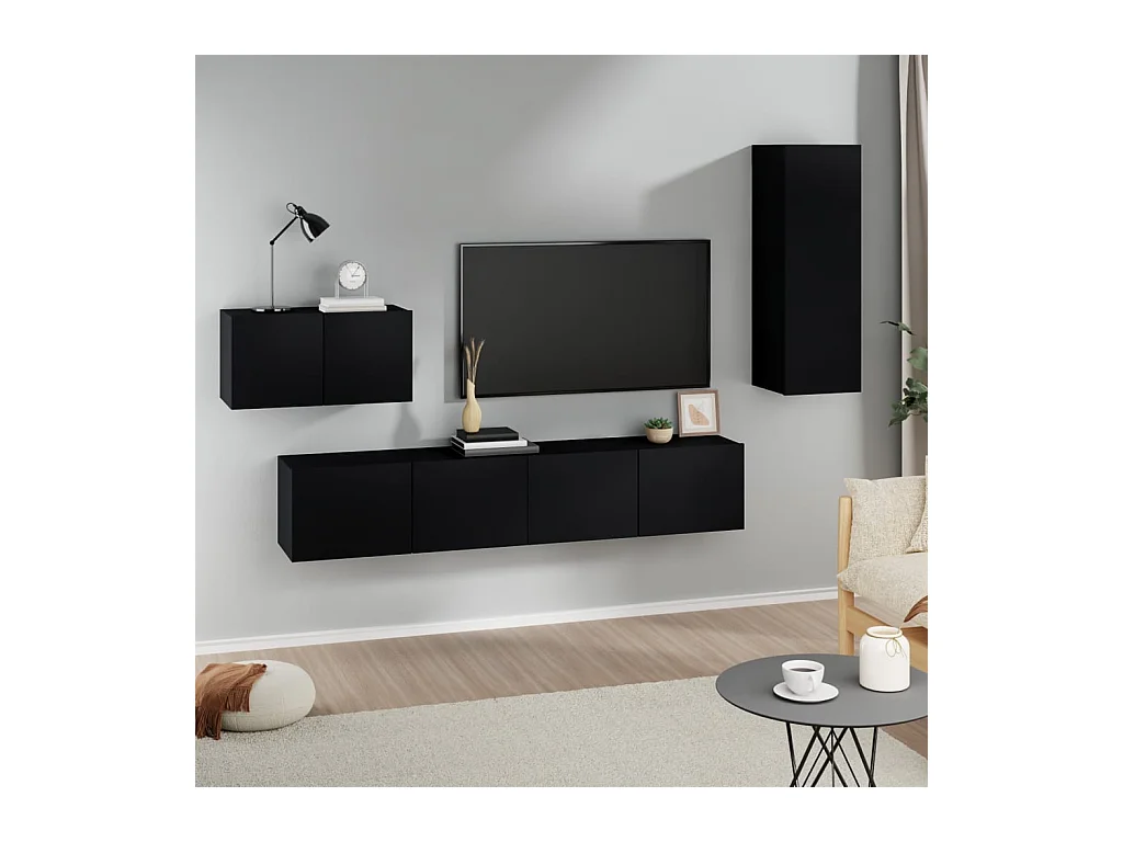 Meubles TV 4 pcs Noir Bois d'ingénierie BE90353