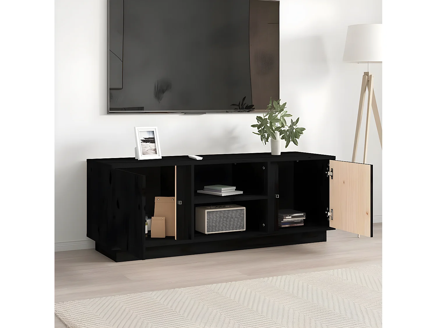 Meuble TV Noir 110x35x40,5 cm Bois de pin massif BE24109