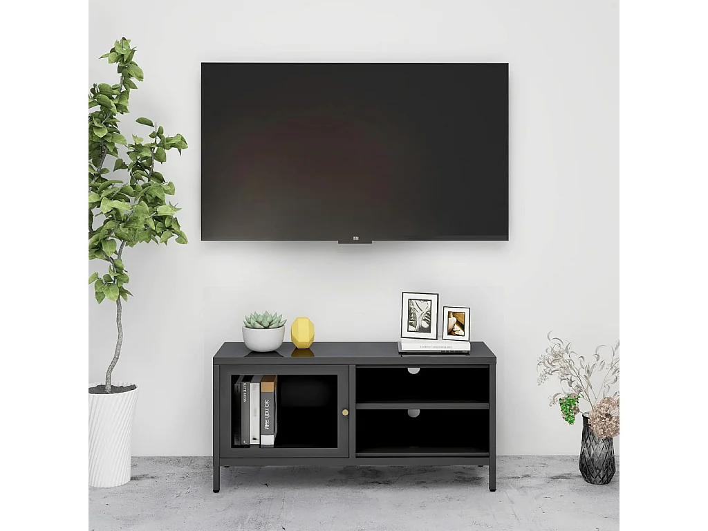 Meuble TV Anthracite 90x30x44 cm Acier et verre BE47627