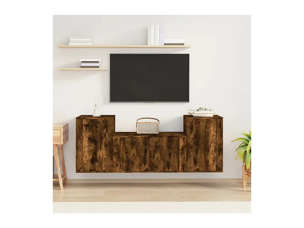 Set de muebles de TV 3 pzas madera contrachapada roble ahumado ES34531