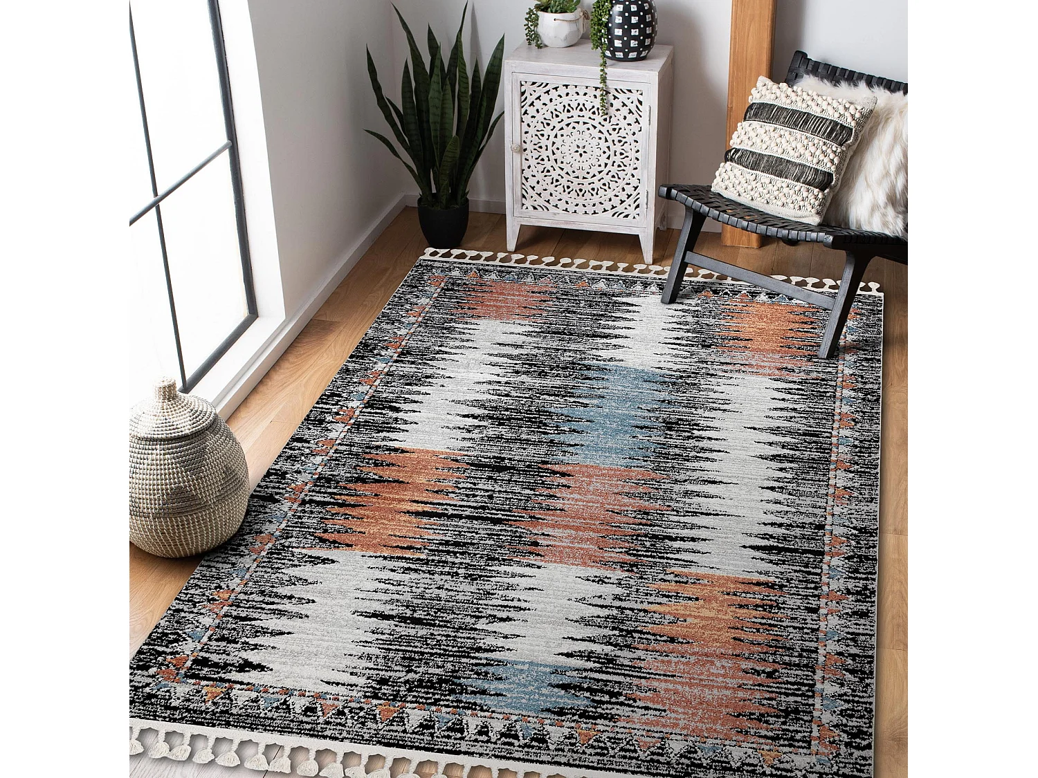 Tapis moderne BELLE BR23A noir et rose Franges 80x150 cm