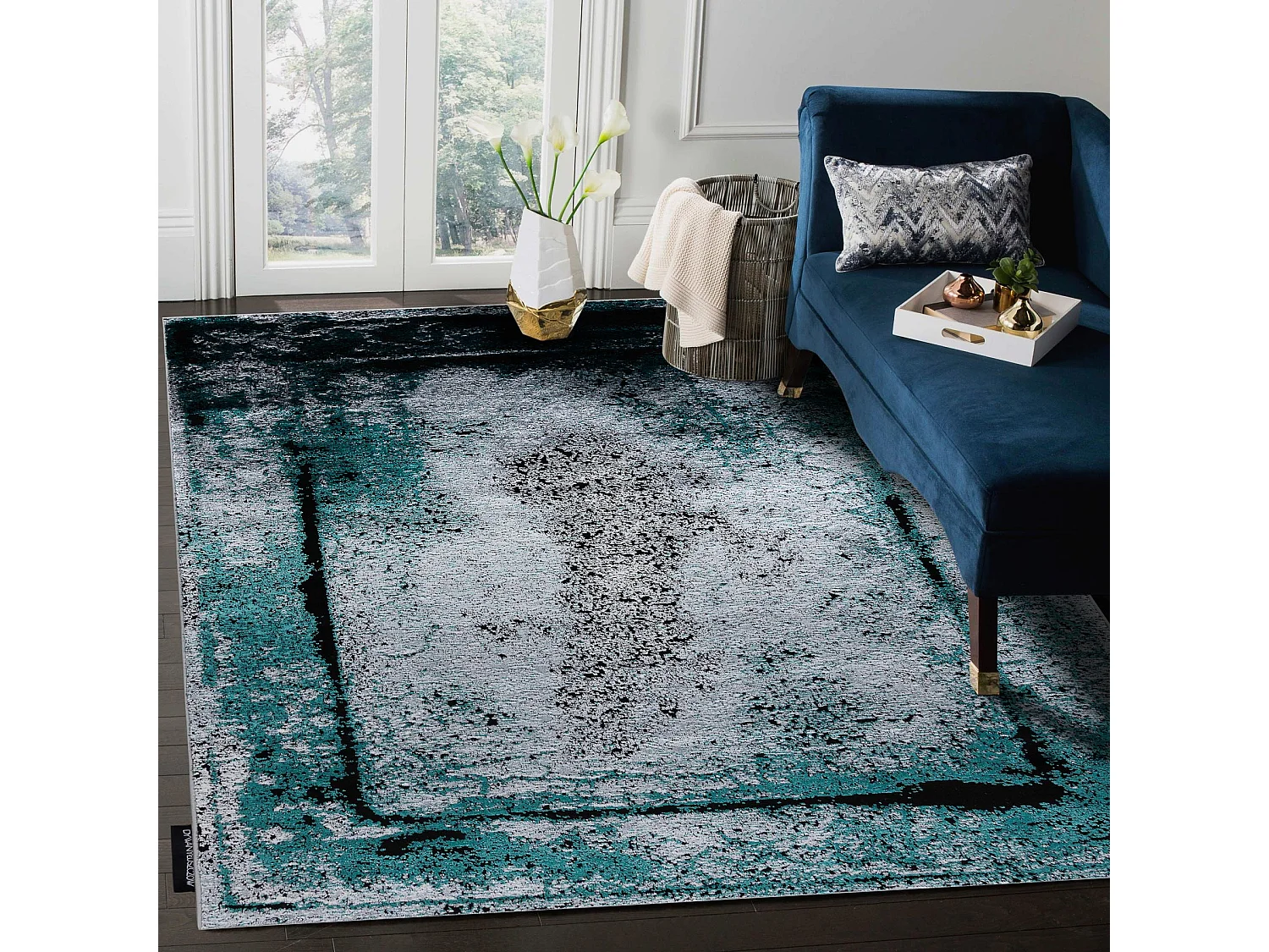 Tapijt DE LUXE modern 624 Frame - Structureel grijs / groen 120x170 cm