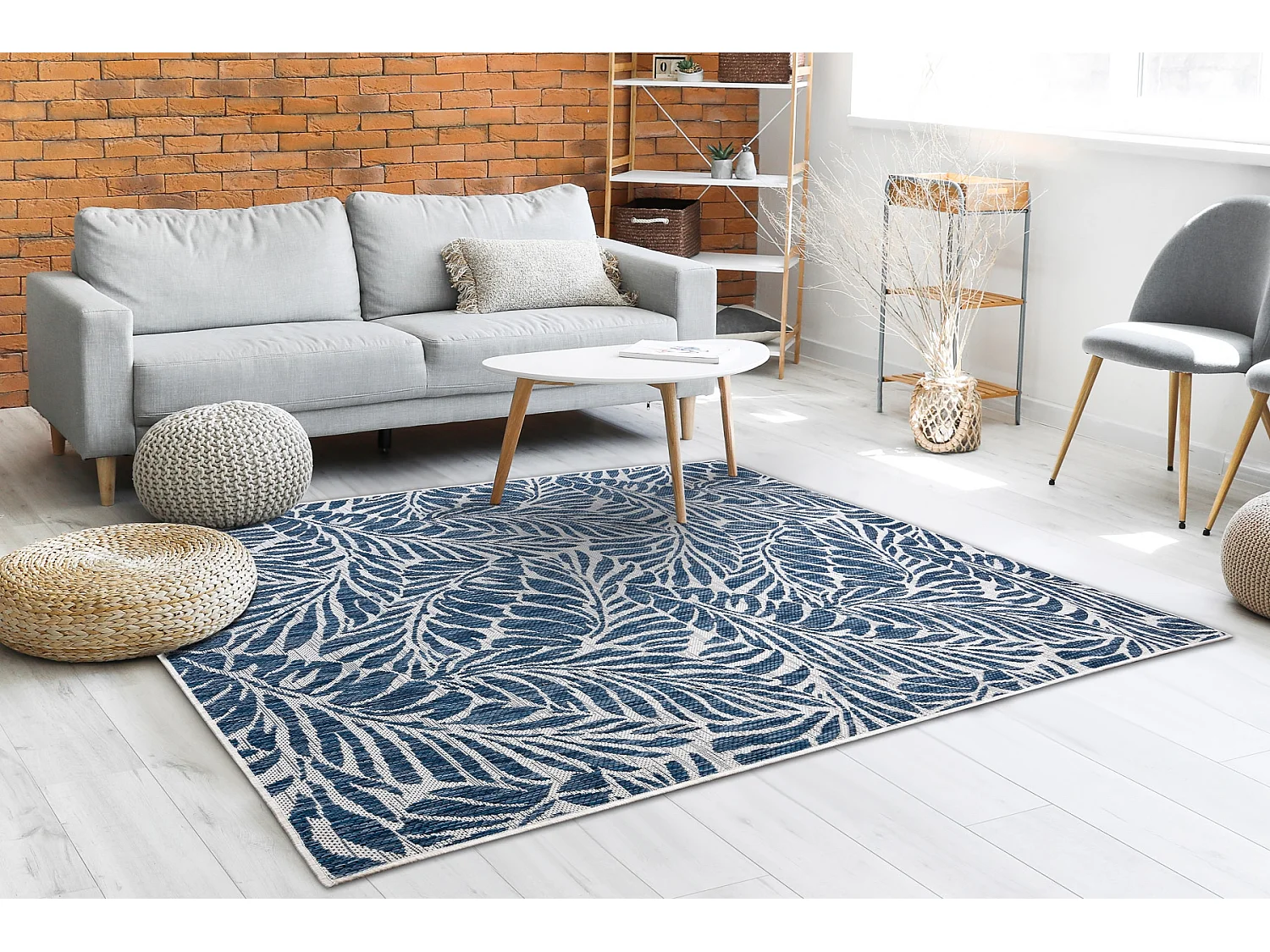 Sisal tapijt SISAL SION Bladje 22151 plat te weven ecru / blauw 140x190 cm