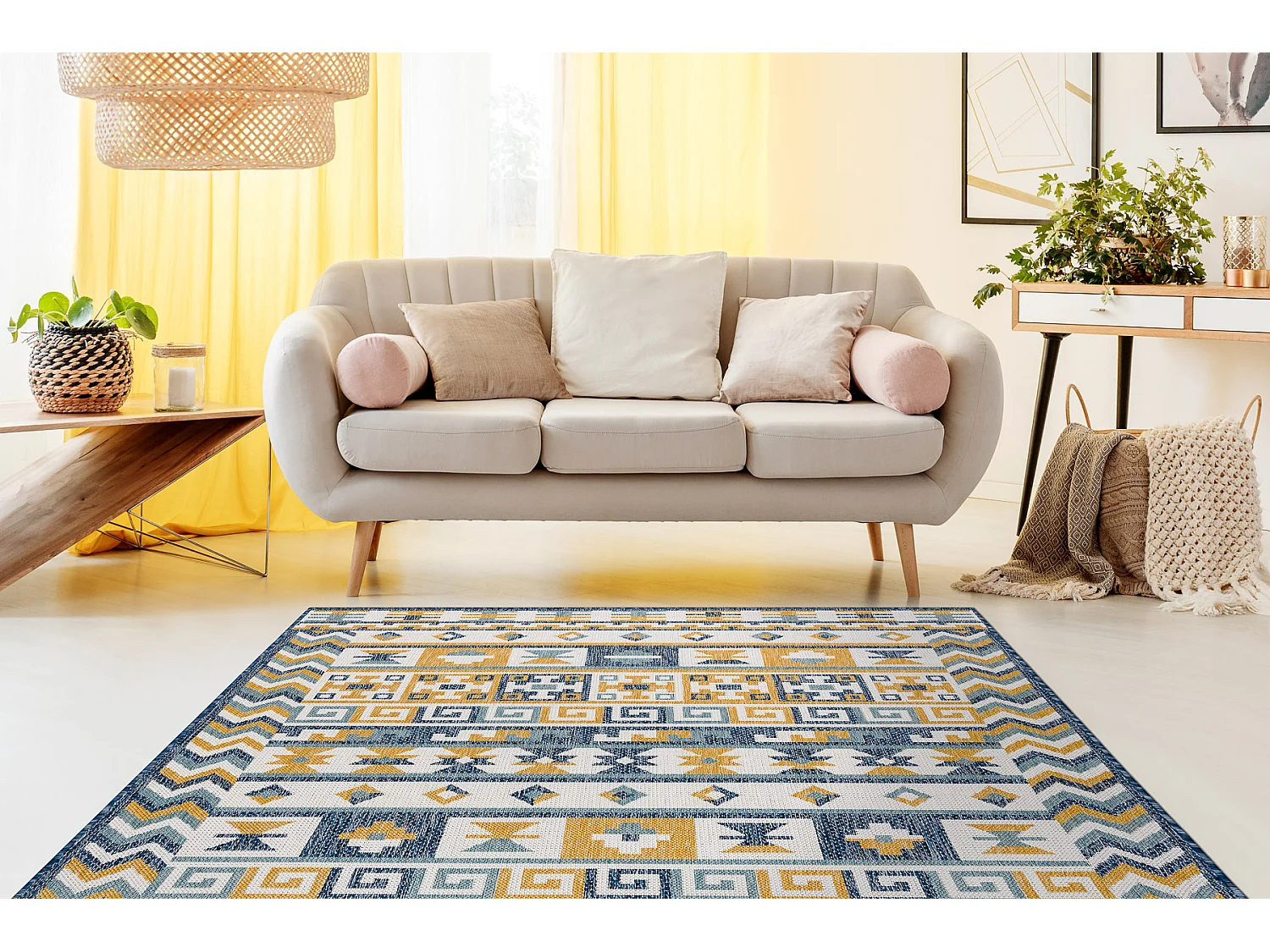 Alfombra sisal COOPER Azteca, Etno, Zigzag 22218 crudo / azul oscuro 80x150 cm