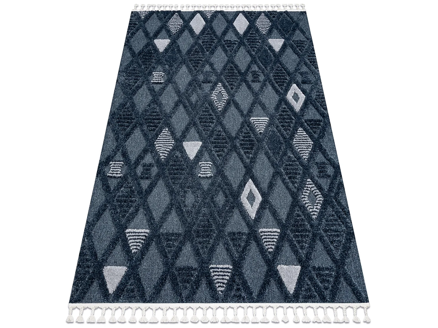Tapis SEVILLA Y499B treillis, diamants bleu Franges berbère marocain  140x190 cm