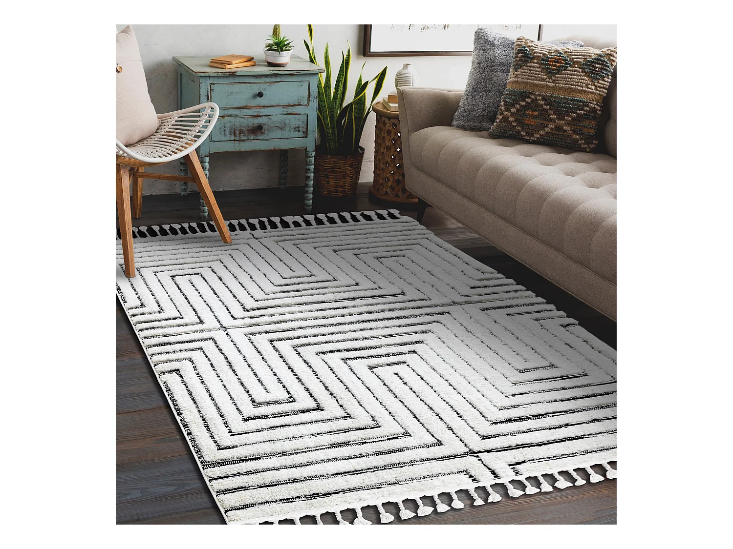 Tapijt SEVILLA Z788B Labirynt, Grieks wit / antracyt Kwastjes berbery  140x190 cm