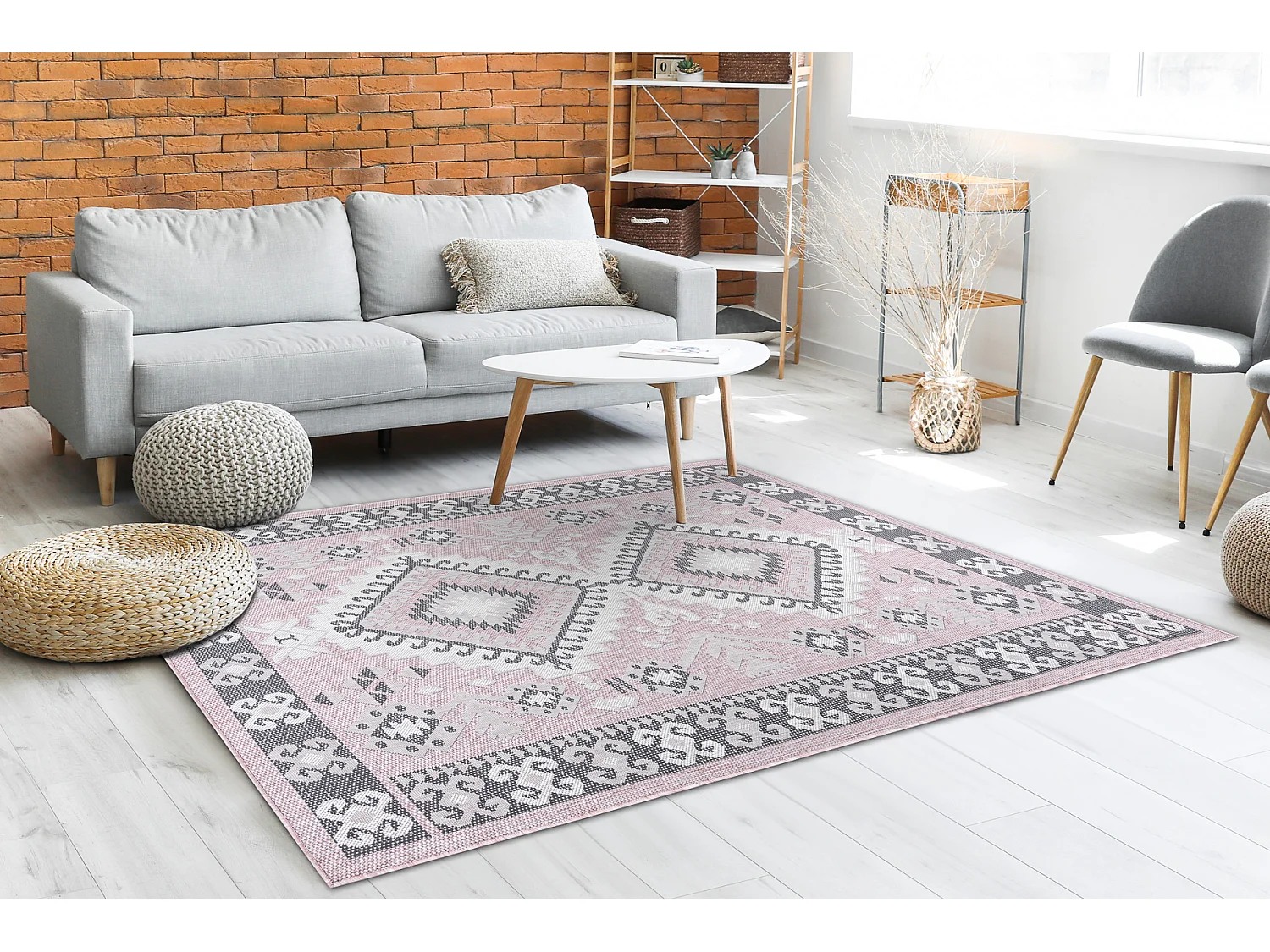 Tapis SIZAL SION aztèque 3007 tissé à plat rose / ecru 80x150 cm