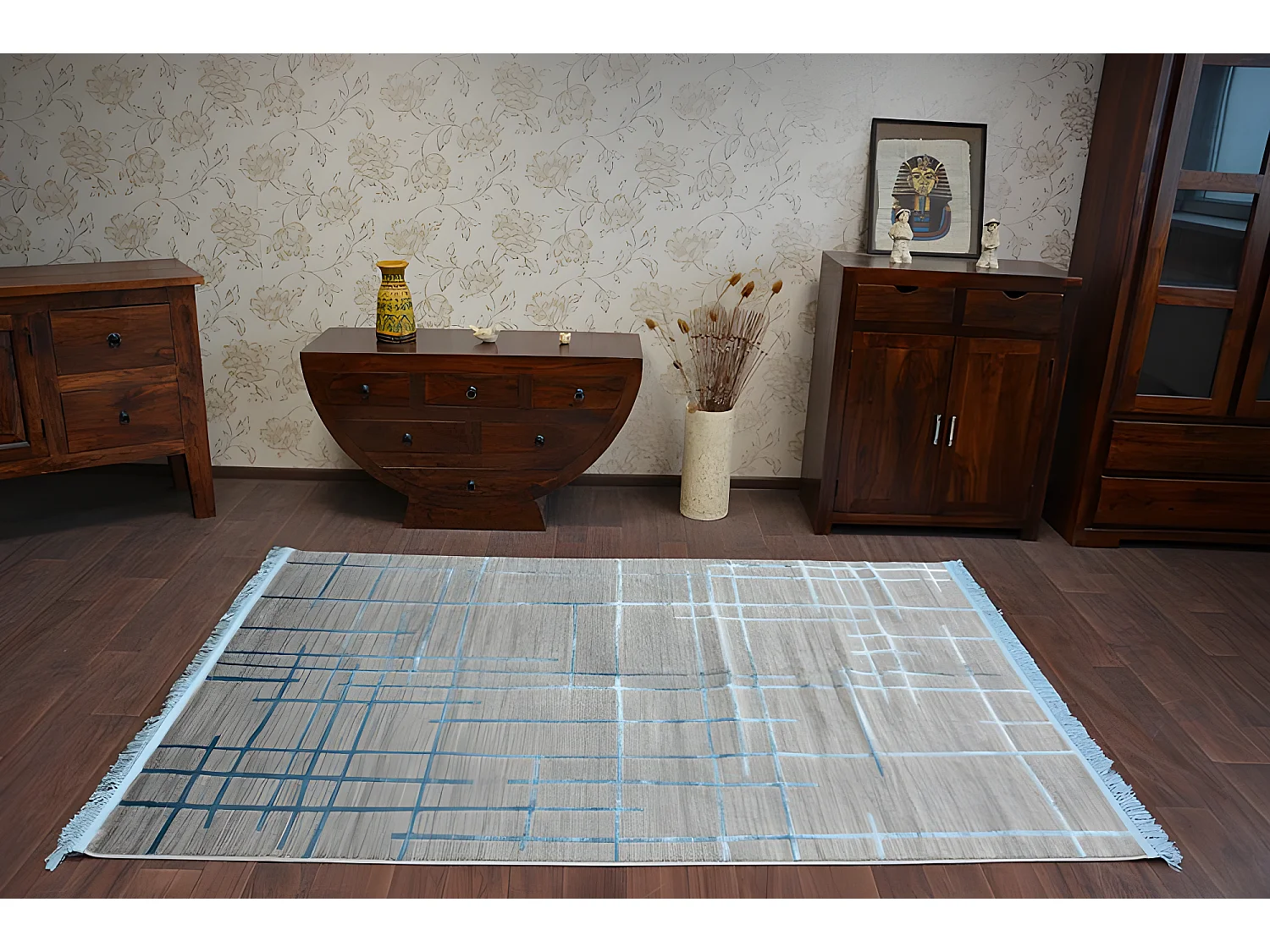 Tapis ACRYLIQUE MANYAS 191AA Gris/Bleu franges 80x150 cm