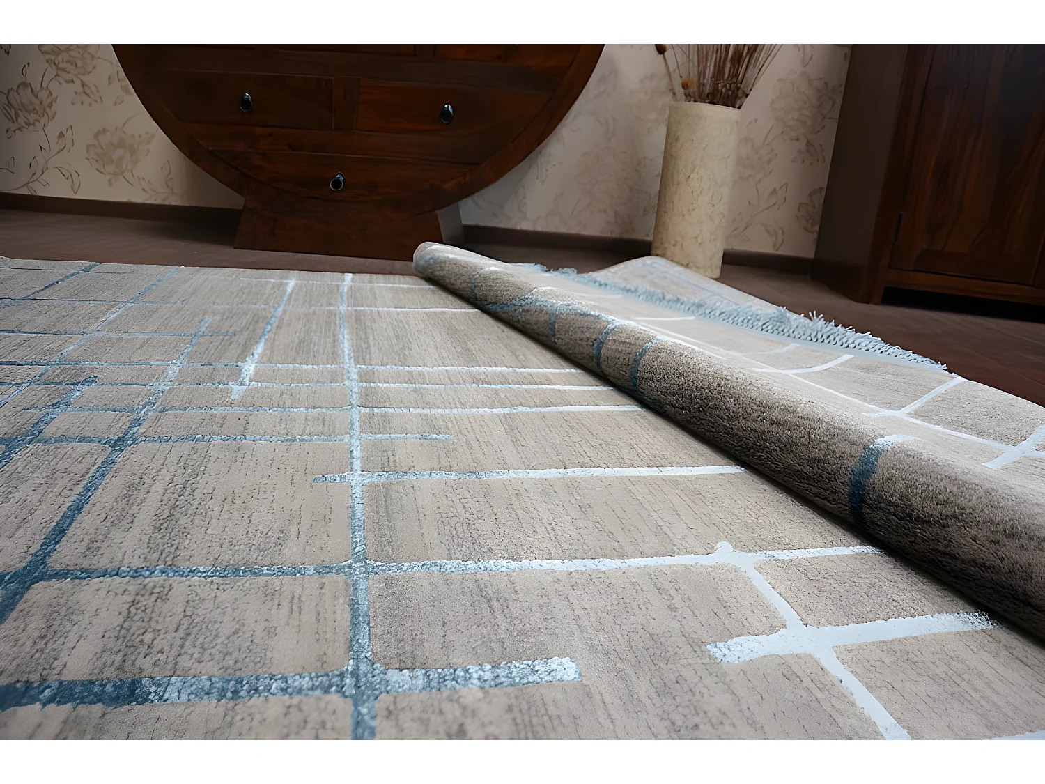Tapis ACRYLIQUE MANYAS 191AA Gris/Bleu franges 80x150 cm