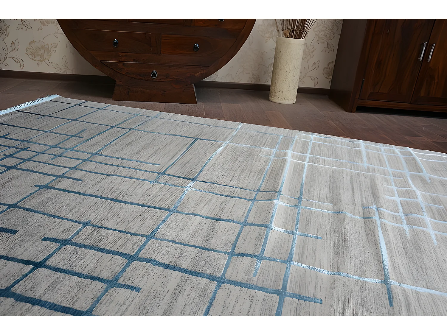 Tapis ACRYLIQUE MANYAS 191AA Gris/Bleu franges 80x150 cm