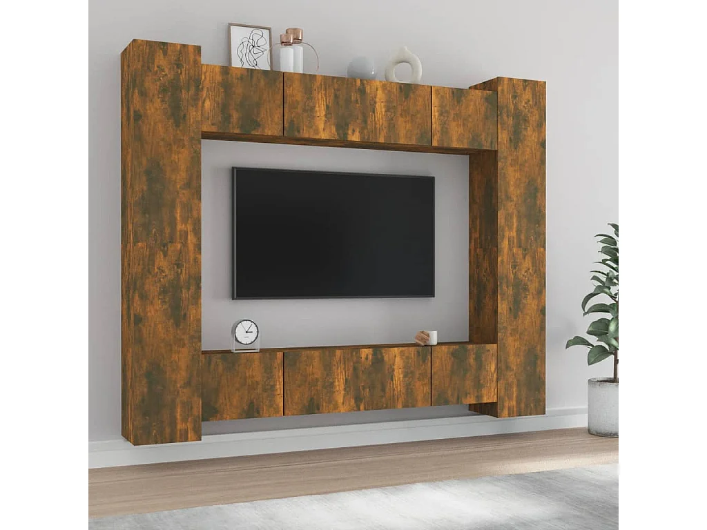 8-delige Tv-meubelset | Tv-Bank | TV-kast bewerkt hout gerookt eikenkleurig