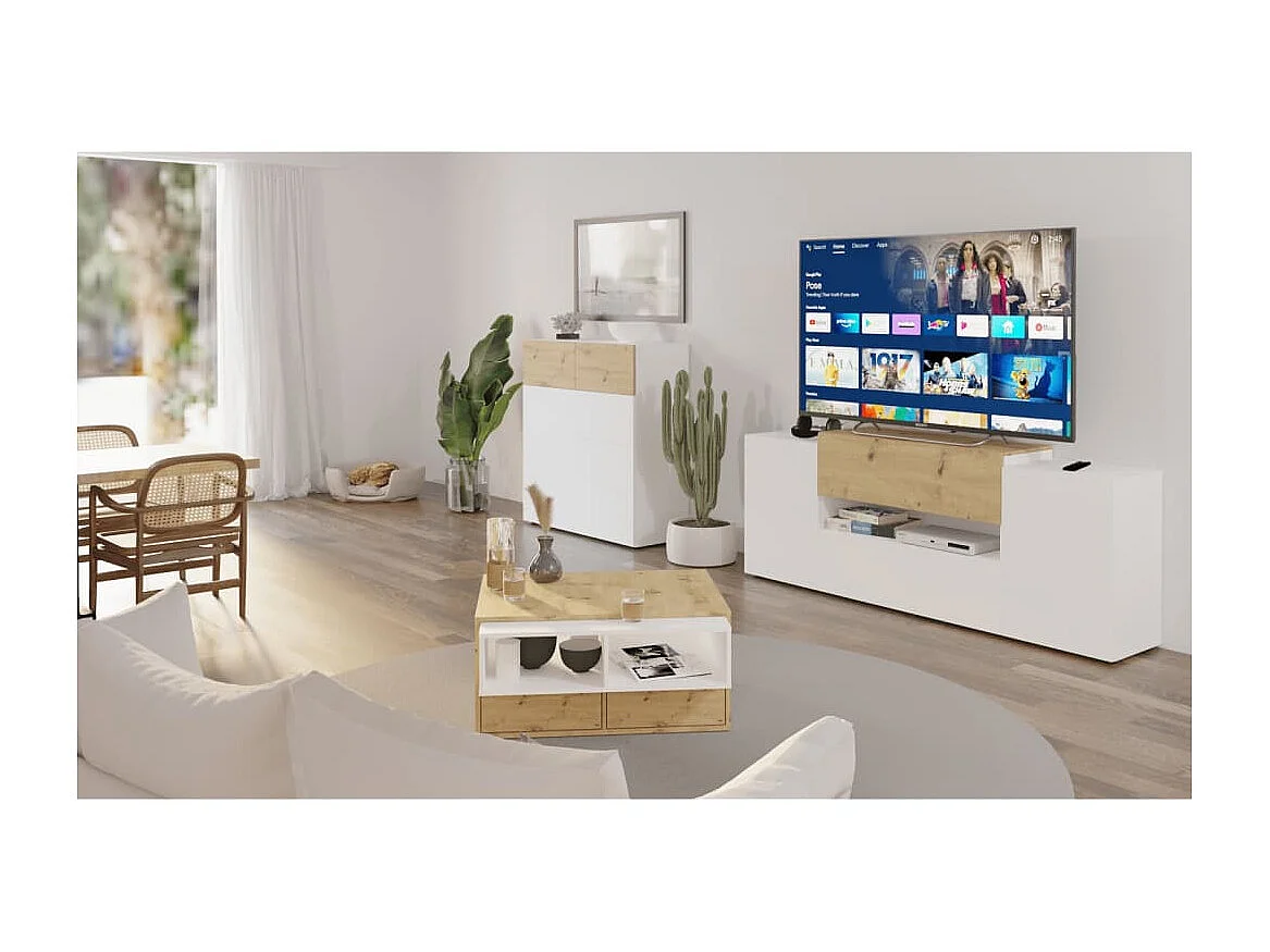 Meuble TV,Hi-Fi, Banc TV, Meuble de rangement, Buffet Salon 182x33x70,2 cm Blanc et chêne artisanal LLD1064 BonneVie Meuble