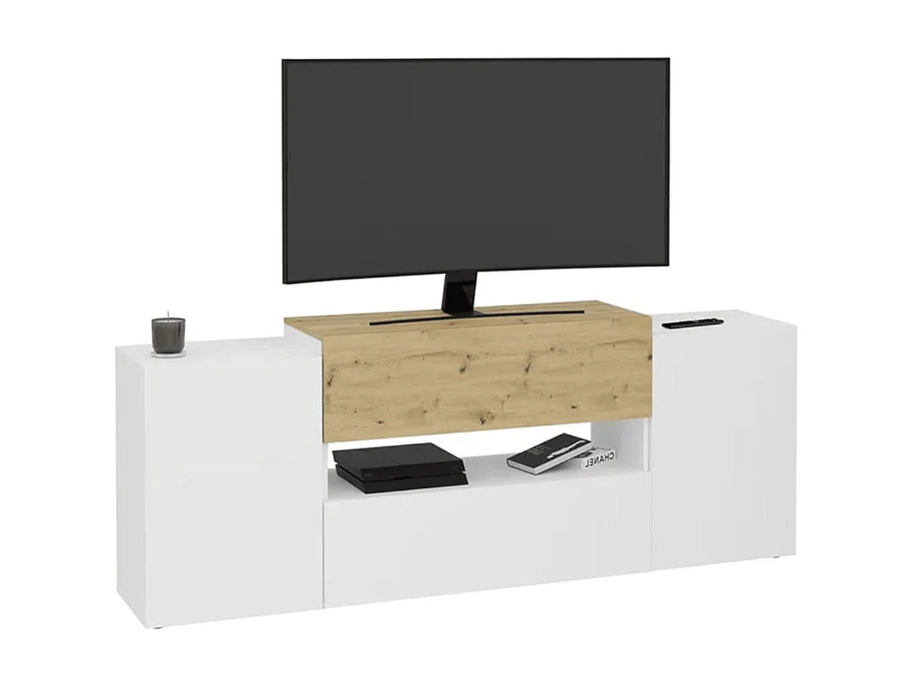 Meuble TV,Hi-Fi, Banc TV, Meuble de rangement, Buffet Salon 182x33x70,2 cm Blanc et chêne artisanal LLD1064 BonneVie Meuble
