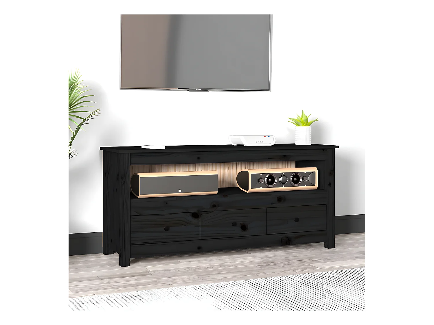 Meuble TV Noir 114x35x52 cm Bois de pin massif BE43673