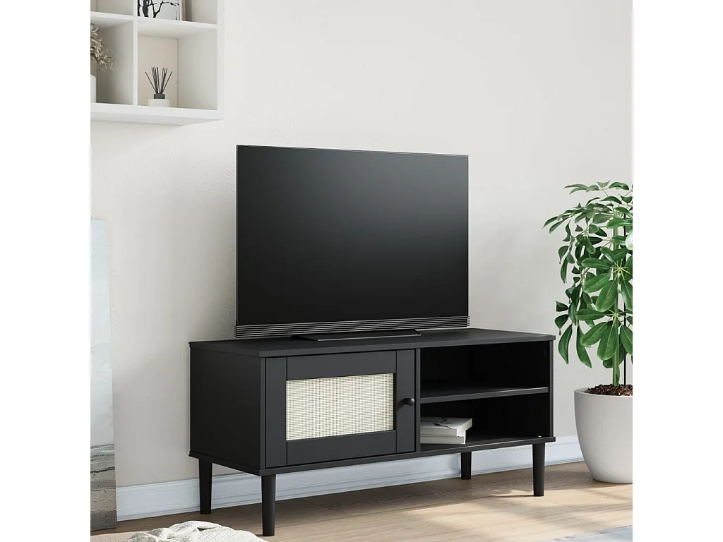 Meuble TV SENJA aspect rotin noir 106x40x49cm bois massif pin BE72580
