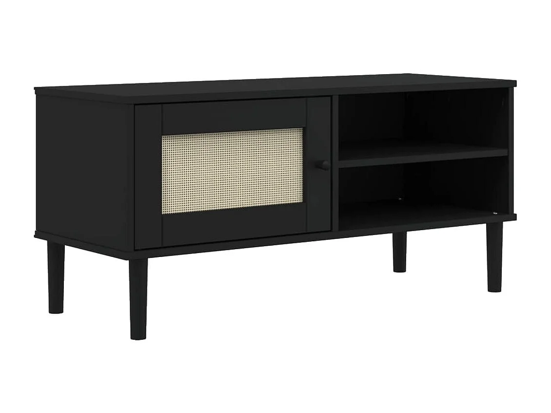 Meuble TV SENJA aspect rotin noir 106x40x49cm bois massif pin BE72580