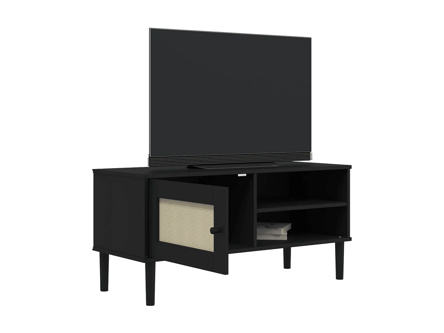 Mueble de TV SENJA aspecto ratán madera pino negro 106x40x49 cm ES70479