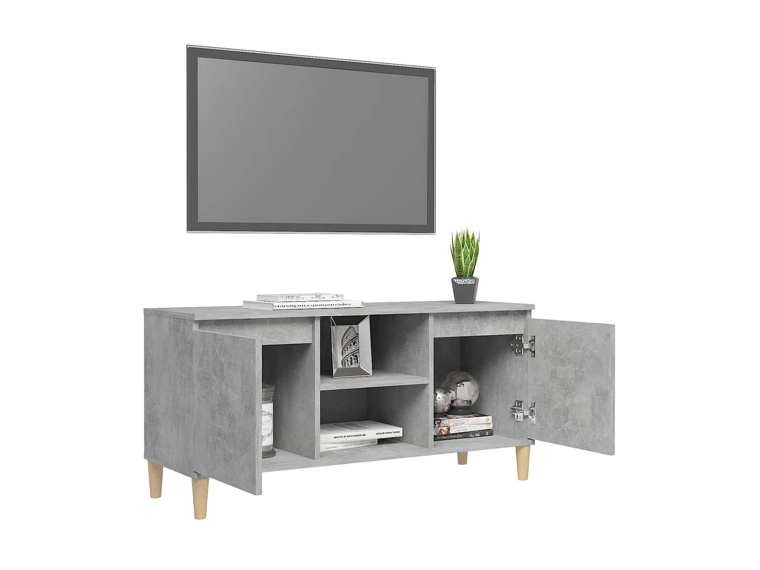 Meuble TV avec pieds en bois massif BEis béton 103,5x35x50 cm BE45547