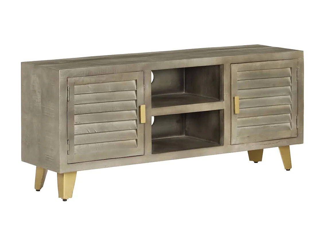 Meuble TV Bois solide de manguier Gris avec laiton 110x30x48 cm BE64291