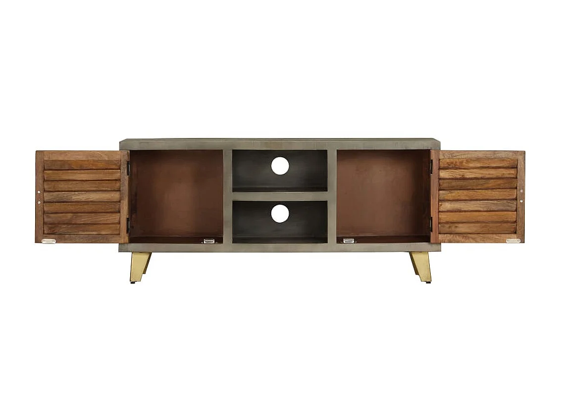 Meuble TV Bois solide de manguier Gris avec laiton 110x30x48 cm BE64291