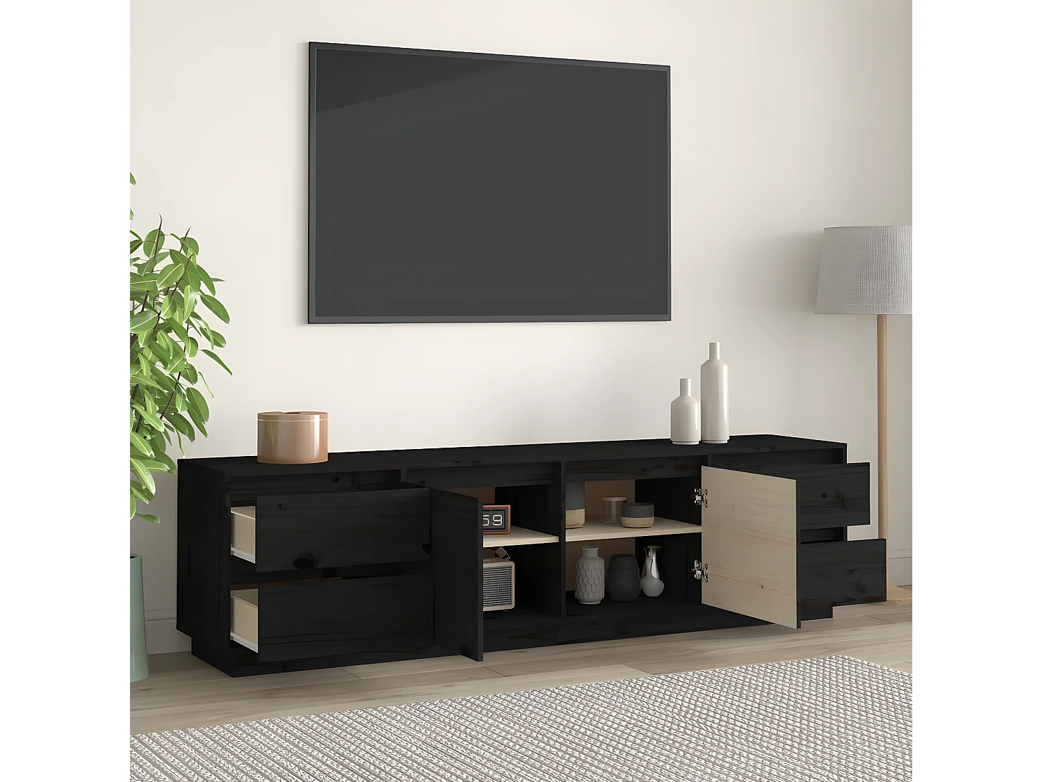 Tv-meubel 176x37x47,5 cm massief grenenhout zwart NL386434