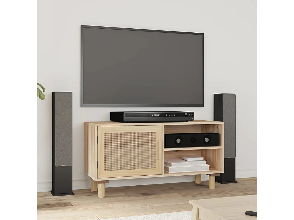 Meuble TV Marron 80x30x40cm Bois de pin massif et rotin naturel BE82060
