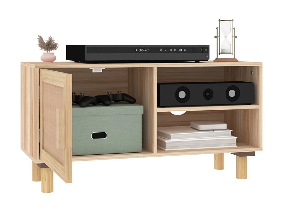 Meuble TV Marron 80x30x40cm Bois de pin massif et rotin naturel BE82060