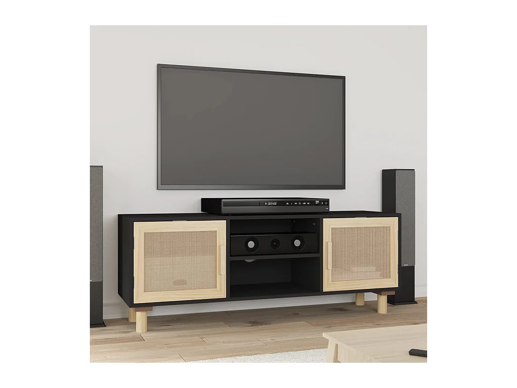 Meuble TV Noir 105x30x40cm Bois de pin massif et rotin naturel BE18057