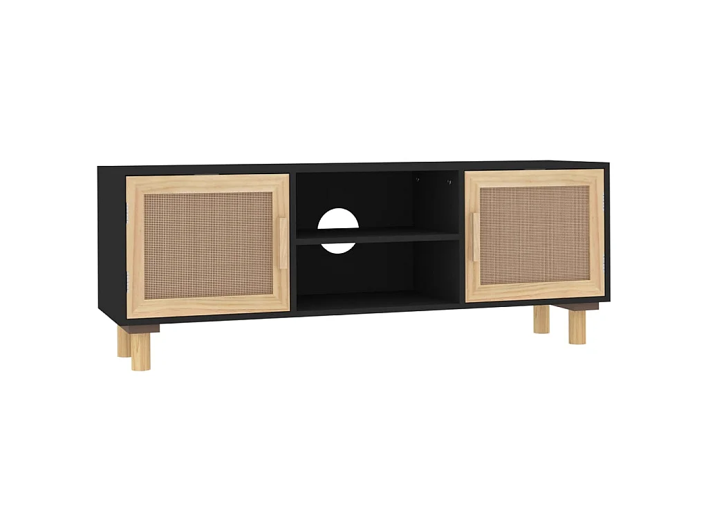 Meuble TV Noir 105x30x40cm Bois de pin massif et rotin naturel BE18057