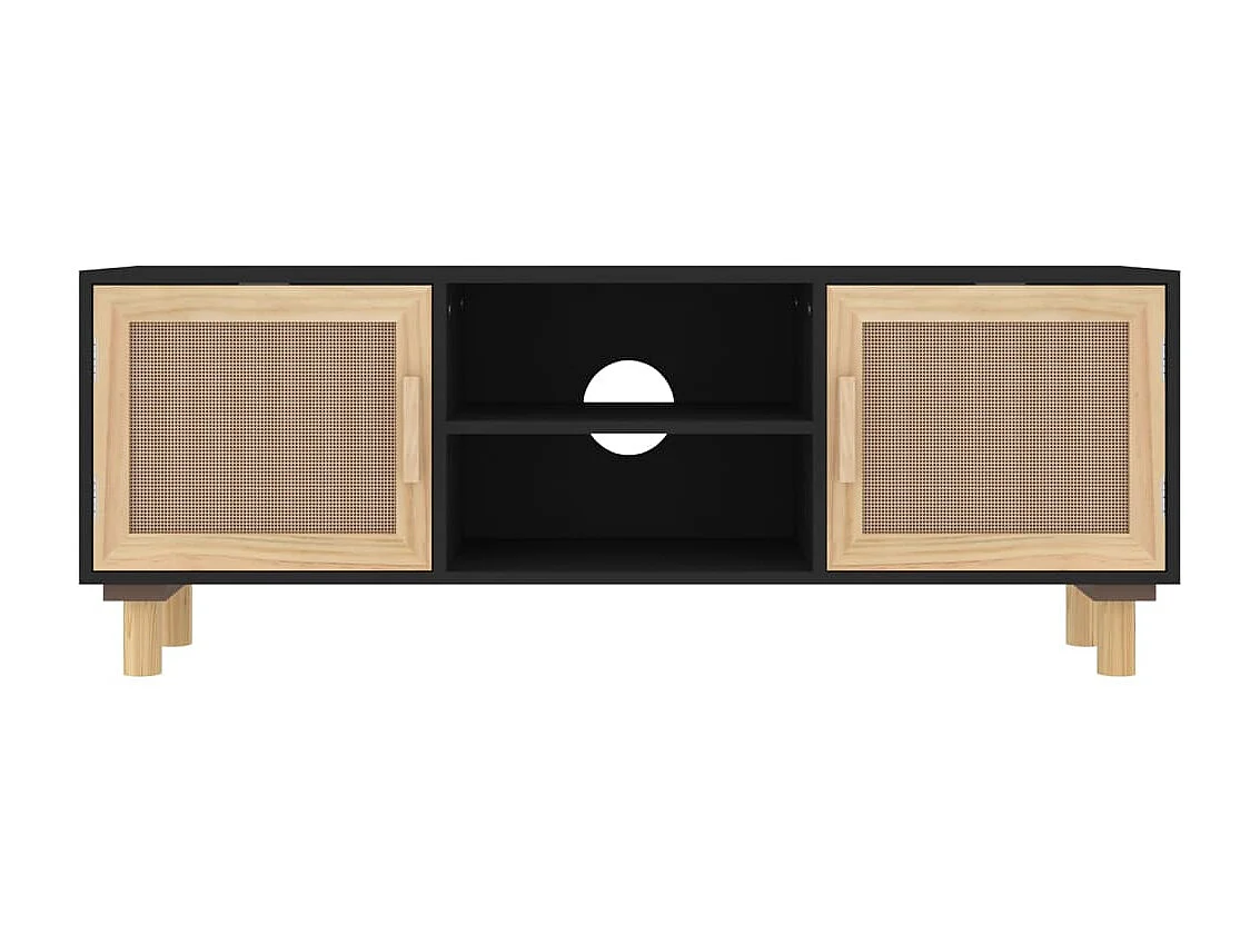 Meuble TV Noir 105x30x40cm Bois de pin massif et rotin naturel BE18057