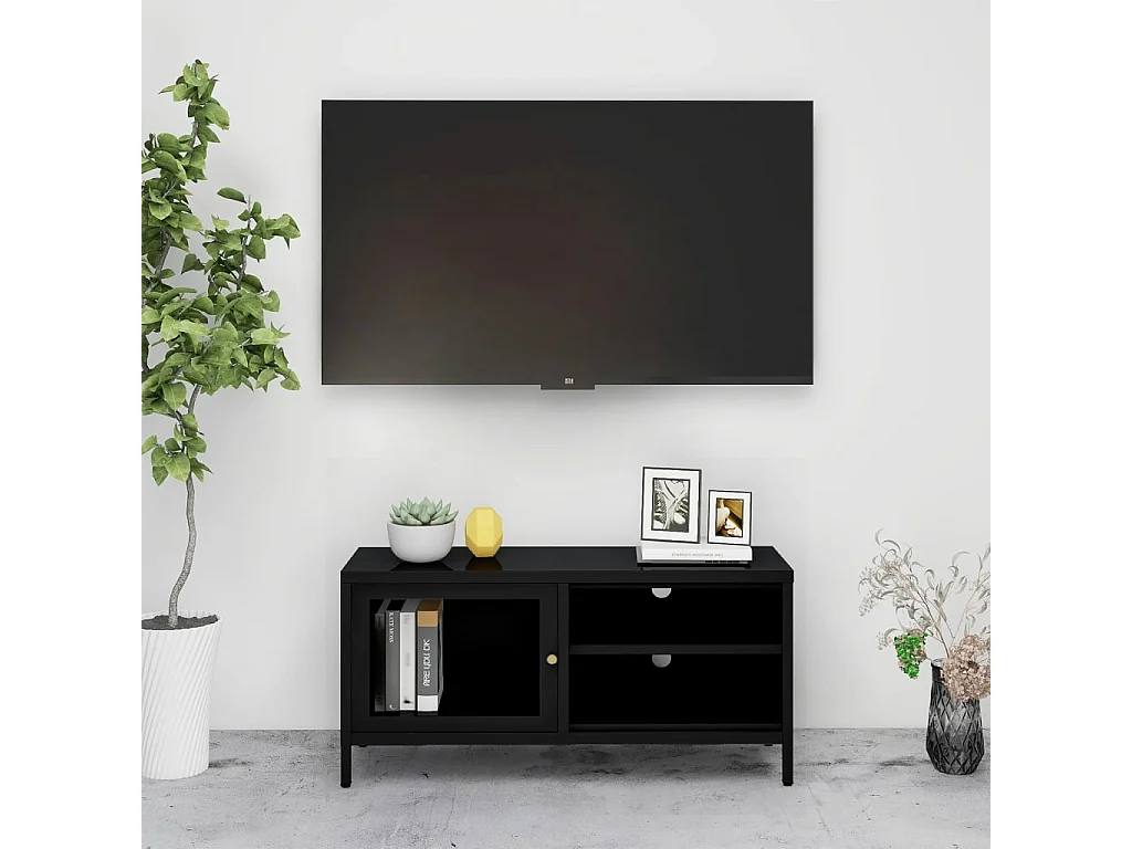 Meuble TV Noir 90x30x44 cm Acier et verre BE16845