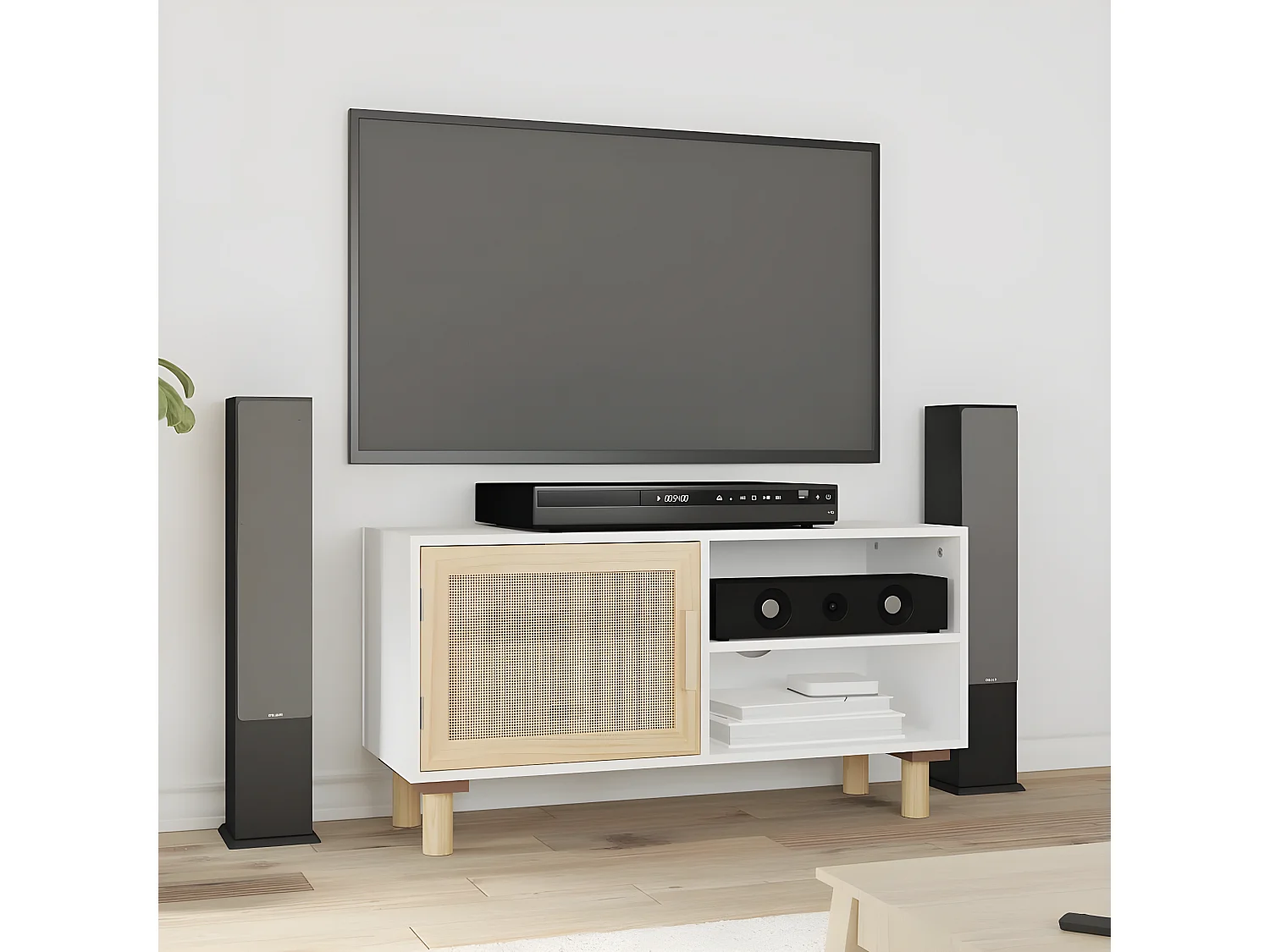 Meuble TV Blanc 80x30x40 cm Bois de pin massif et rotin naturel BE67247