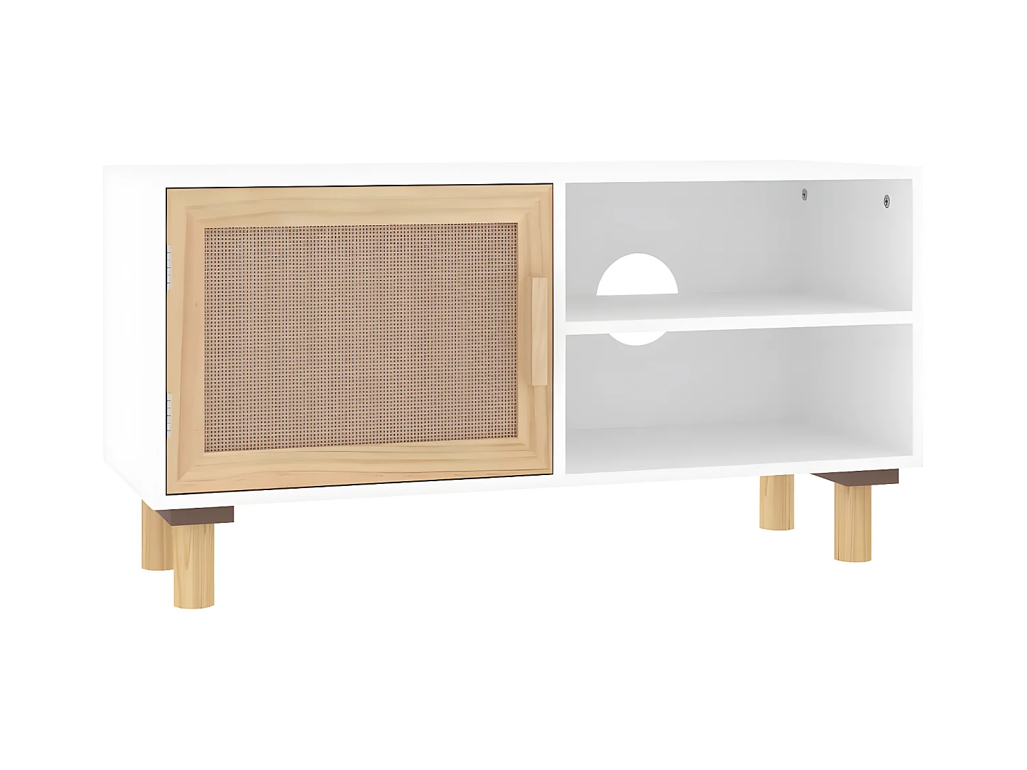 Meuble TV Blanc 80x30x40 cm Bois de pin massif et rotin naturel BE67247