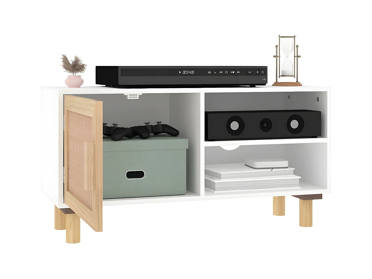 Meuble TV Blanc 80x30x40 cm Bois de pin massif et rotin naturel BE67247