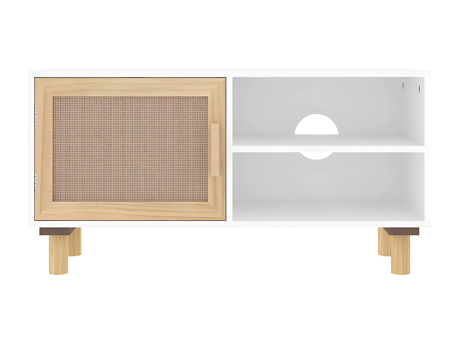 Meuble TV Blanc 80x30x40 cm Bois de pin massif et rotin naturel BE67247