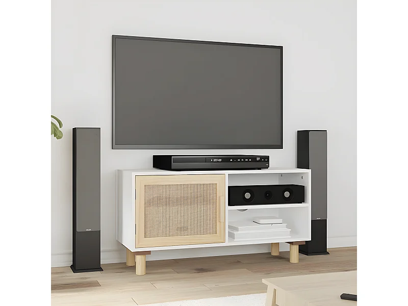 Meuble TV Blanc 80x30x40 cm Bois de pin massif et rotin naturel BE67247