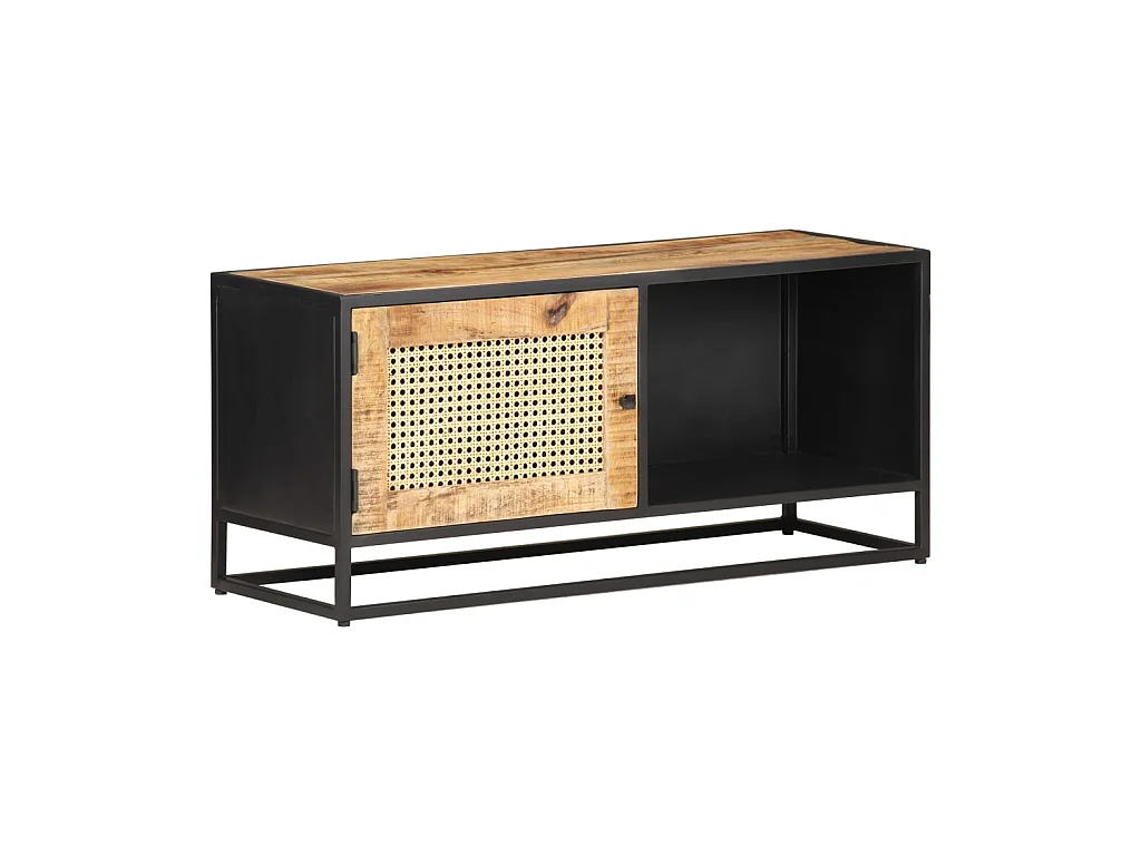 Meuble TV 90x30x40 cm Bois de manguier brut et canne naturelle BE60753