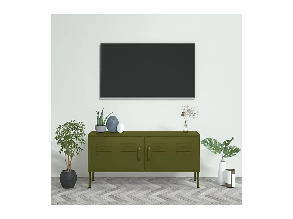 Meuble TV Vert olive 105x35x50 cm Acier BE59389
