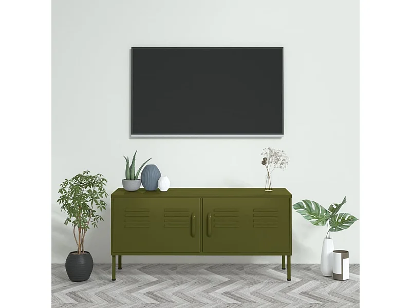 Meuble TV Vert olive 105x35x50 cm Acier BE59389