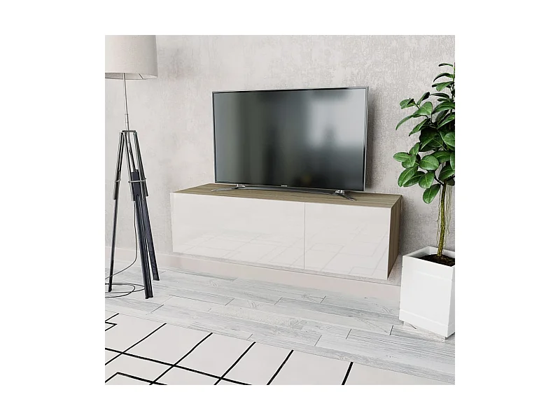 TV-Schrank,TV-Möbel Holzwerkstoff 120x40x34 cm Hochglanz-Weiß und Eiche -gkd647641