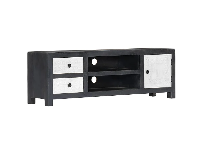 Tv-meubel handgesneden 120x30x40 cm massief mangohout grijs wit NL474168