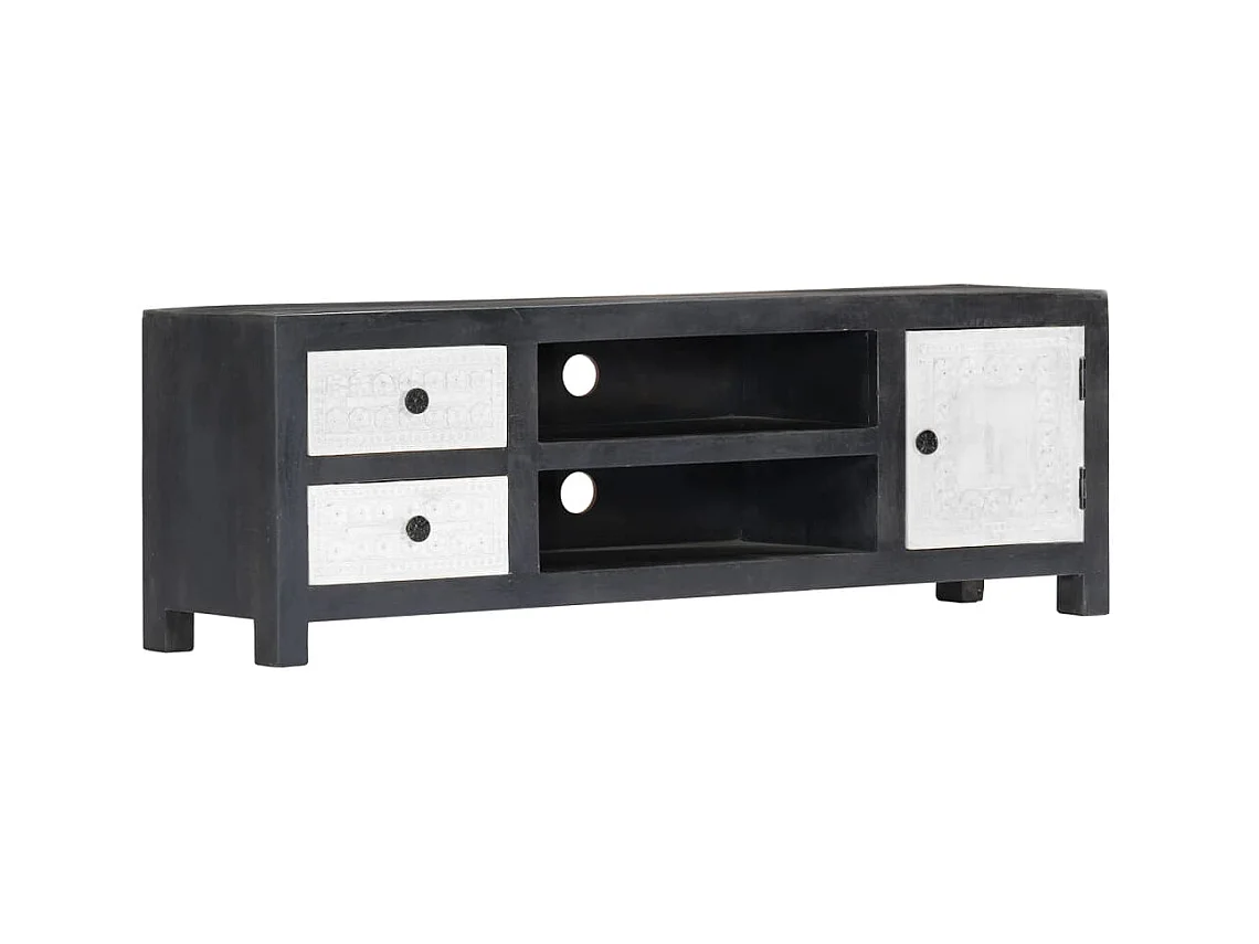Tv-meubel handgesneden 120x30x40 cm massief mangohout grijs wit NL474168