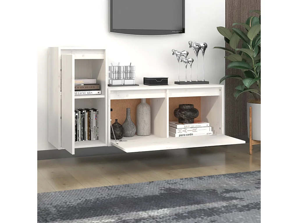 2 pcs Meubles TV Blanc Bois massif de pin BE84464