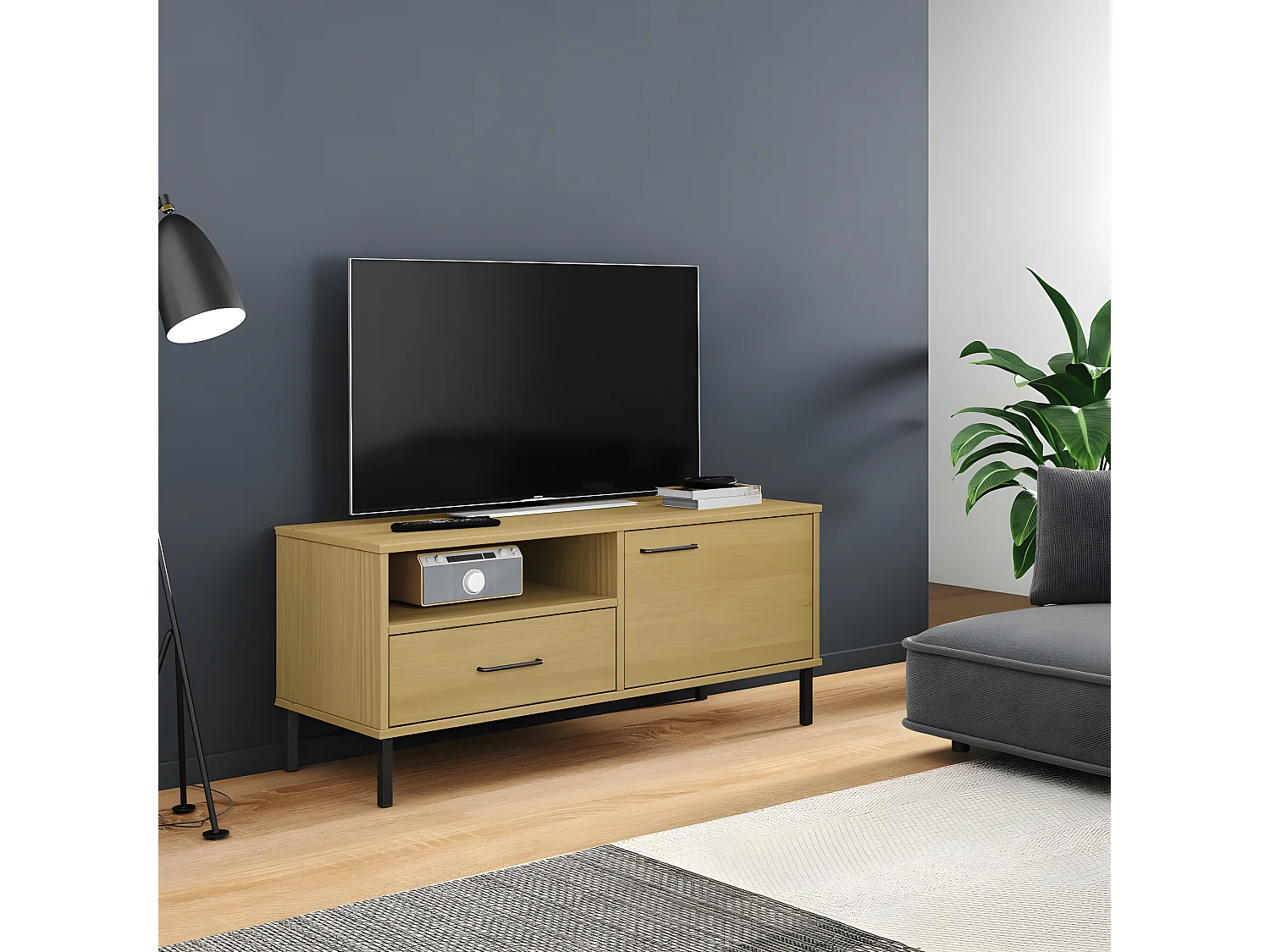 Meuble TV avec pieds en métal Marron Bois de pin massif BE97404